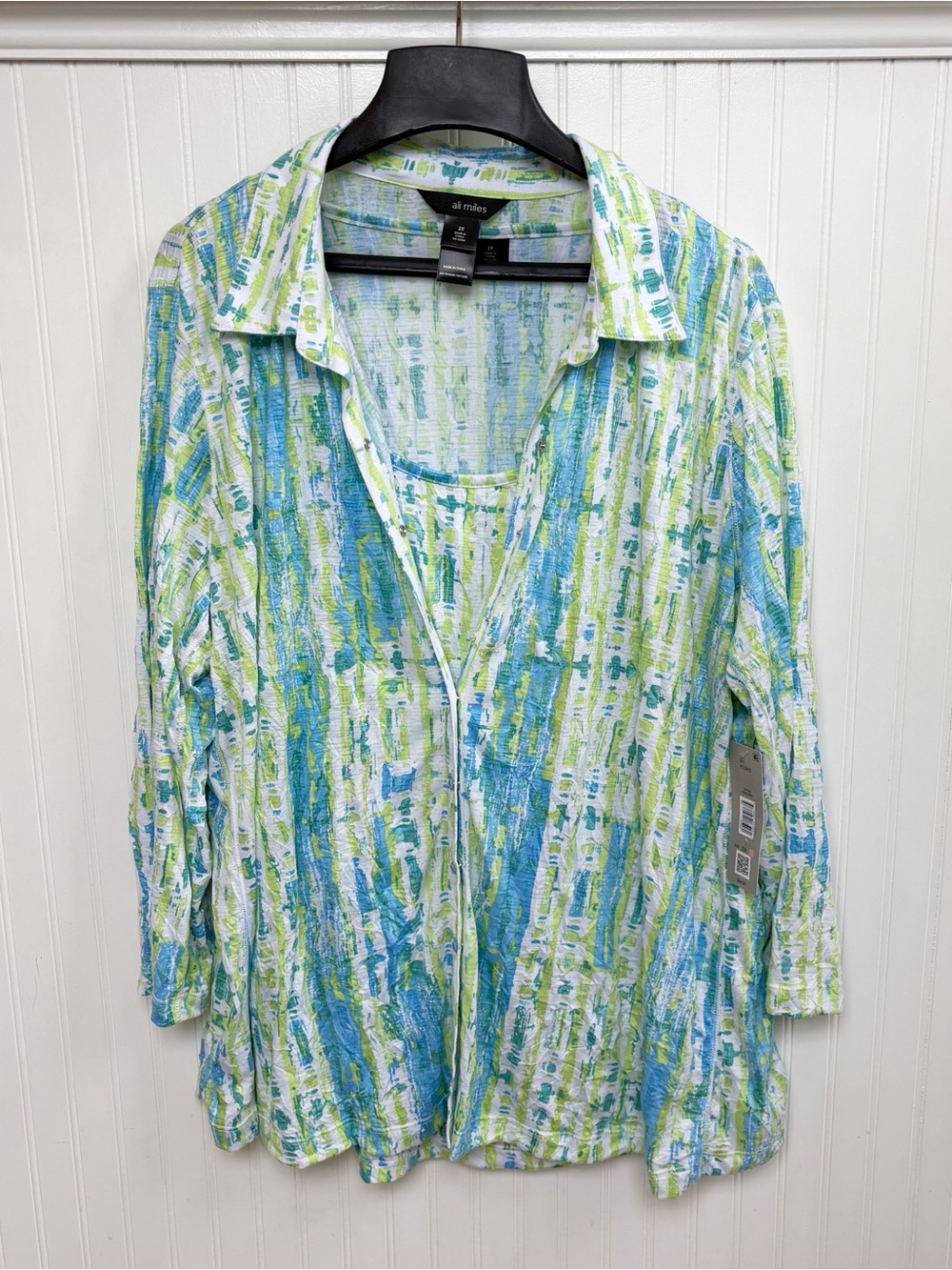 Ali Miles Women’s Plus 2X Blue Green Abstract Snap Button Top Tank 2 Piece Set